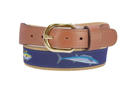 ZEP-PRO Offshore Slam Men's Woven Ribbon Belt – Repeating Game Fish Design With Tan Full Grain Leather Tabs – 1.25