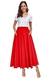 Afibi Women High Waist Floral Print Swing Chiffon Beach Midi Long Skirt with Pockets (Large, Pure Red)