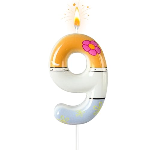 NHJINX Light Gray & White Number 9 Birthday Candle with Pink Flower Decoration for Cartoon Theme Parties