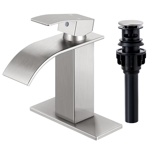 Qomolangma Waterfall Bathroom Faucet, Brushed Nickel Modern Single Handle Bathroom Faucets for 1 or 3 Hole Bathroom Sink Faucet Mixer Tap Washbasin Faucet with Deck, Pop-up Drain and Supply Hoses