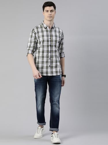 Image of JOVEN Men Slim Fit Pure Cotton Brown and Dark Green Casual Checked Shirt
