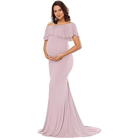 JustVH Women's Off Shoulder Ruffle Maternity Dress Elegant Fitted Gown Maxi Photography Dress for Baby Shower Cover