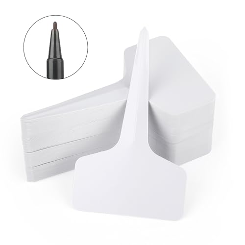 KINGLAKE Plant Labels and Pen for Outdoor Plants, 100Pcs Plant Markers & Labels Plastic White Garden Plant Tags for Seed, Herb, Seedling, Vegetables, Flower, Potted Plant, 6x10cm, T-Type