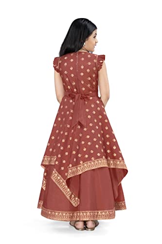 Image of Fashion Dream Girls Crepe Silk Maxi Length Foil Printed Dress|Maxi Dress|Long Dress|Printed Dress|Foil Printed Dress(Rust 13-14 Year)