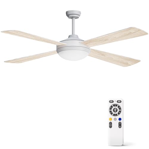 HOOLED Ventilador de techo con luz DC Motor sin escobillas, bajo consumo de energía de 132 cm, velocidad del viento ajustable de 6 velocidades con función de temporización, luz LED ajustable en 3
