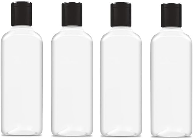 Clear Pet Empty 200ml Bottle with Black Flip Top Cap Reusable Container Multipurpose For Hair Shampoo, Oils, Lotion,Conditioner, Sanitizer | Refillable (Round, 4)