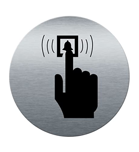 AUA SIGNALETIQUE - Plaque de porte Aluminium brossé imprimé AluSign Ø 85 mm - épaisseur. 3 mm - Double Face adhésif au dos (Sonnez)