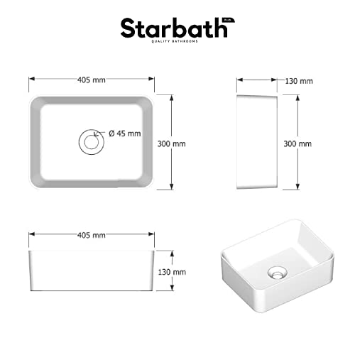Starbath Plus - Weißes Keramik-Waschbecken - Rechteckige Form - Abmessungen 40 x 30 x 13 cm - Ideal für Arbeitsplatten in Badezimmern und Toilettenmöbeln