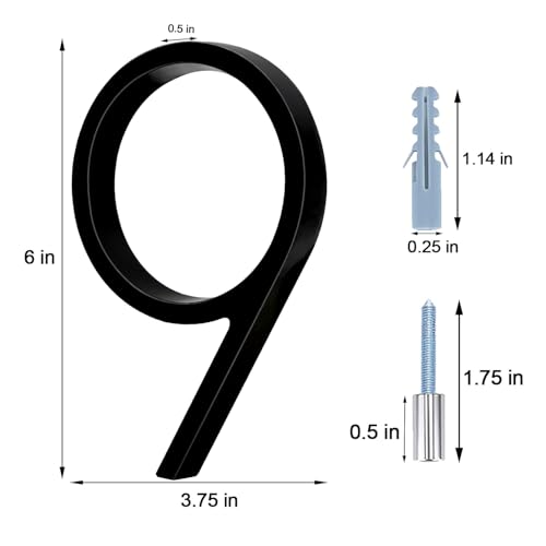 6 in House Number Signs for Yard, Metal Modern House Numbers, Black House Numbers for Outside with Screws, High Gloss Black Number 9 - Thumbnail 3