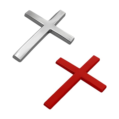 Image of 2 PCS Metal Christian Cross Emblem Stickers, 2.5 inchx1.8 inch Alloy 3D Car Cross Sticker Badge, Self-Adhesive Emblem Decal Decoration for Auto Trunk Tailgate Fenders, Car Exterior Decal (Silver+Red)