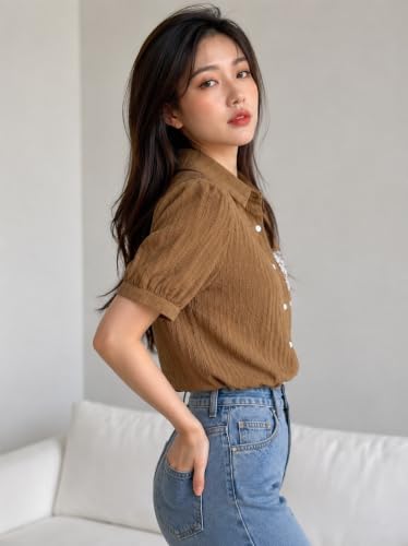 Image of Women's Floral Embroidered Shirt | Elegant Short Sleeve Shirts for Casual & Office Wear | Stylish Summer Button-Down Shirt for Girls & Women