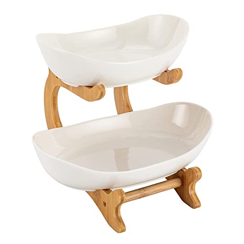 QIUTMER 2 Tier Ceramic Fruit Basket, for Kitchen Counter Countertop, Serving Stand Decor 2 Tier Fruit Stand for Vegetables & Snacks, White