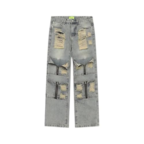 Men Personality Straight Tube Washing Destruction Jeans Couple Casual Pants