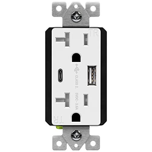 Topgreener 20 Amp Usb Outlet, Type C Usb Wall Charger Outlet, 20A Tamper-Resistant Receptacle With 2 Usb Charging Ports, Tu22036Ac-W-6Pcs, White, 6 Pack #TOP1