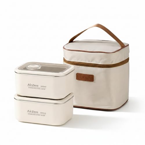 Image of YELONA Stainless Steel Bento Lunch Box Set with Insulated Bag - Microwave & Dishwasher Safe Tiffin Box for Office & School, Leak-Proof Meal Prep Containers - 1200ml (2 x 600ml), Beige