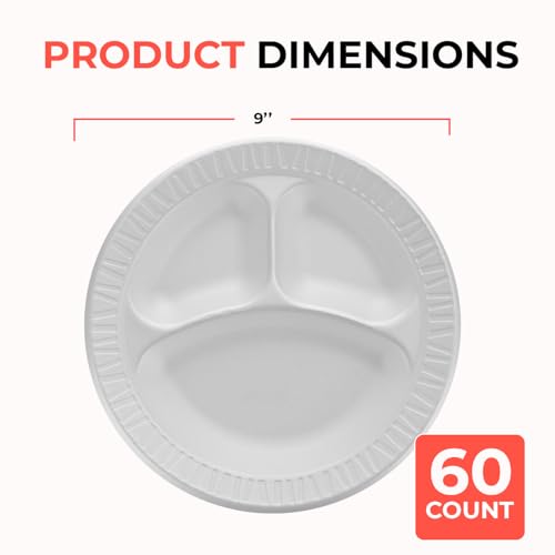 HOME GOODS MARKETPLACE 9-Inch Foam Plates with 3 Compartments – Heavy-Duty Disposable Plates for Parties, BBQs, Picnics & Events – Soak-Proof, Cut-Resistant – White – 60 Count