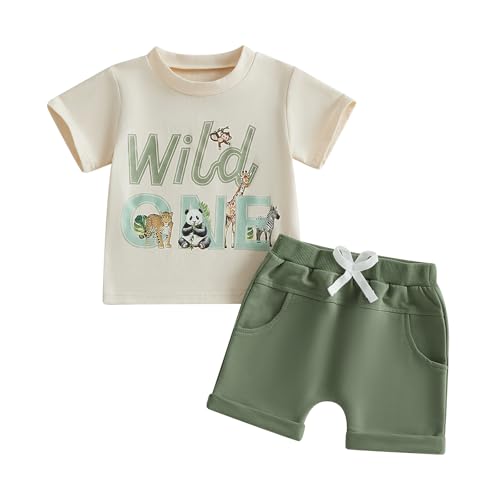 WZTYYDS Baby Boy First Birthday Outfit Number Animal Print Short Sleeve Tops & Shorts Sets 1st Birthday Outfit Summer Clothes (Wild One Green, 12-18 Months)