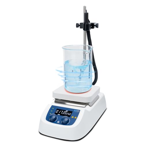 ONiLAB 380℃ LCD Digital Hotplate Magnetic Stirrer with Ceramic Coated Aluminum Work Plate and Metal Case,Timer 1min-99h59min,200-1500rpm,5L,Temp Probe Sensor & Support Stand & Stirring Bar Included