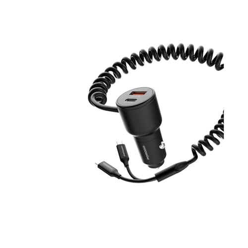 "Porodo Dual Port Car Charger, 60W Total Output, Integrated 1.5m Type-C to Type-C Cables, USB-C 20W & USB-A 18W, Universal 12-24V Compatibility, Safe & Fast Charging � Black"