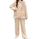 [CNEHKTE] パジャマ レディース 冬 もこもこ ルームウェア レース 部屋着 可愛い 長袖 Vネック 前開き ポケット付き 裏起毛 上下セット