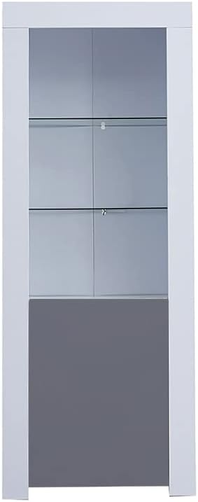 Panana High Gloss Tall Display Cabinet Wood Cupboard Sideboard Free Standing Storage Unit with Glass Shelves Door Blue LED Lights Living Room (Grey and White)