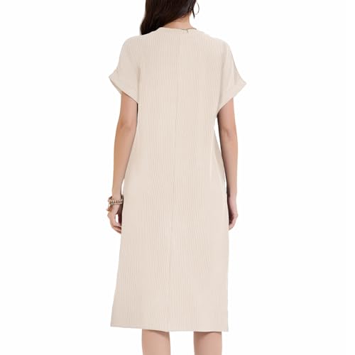 Image of Womens Casual T Shirt Dress Summer Fall Crewneck Loose Fit Side Split Knee Length Dress Ribbed Pattern with Pockets