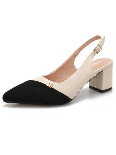 Fashion Splicing Slingback Heels for Women Pointed Toe Women's Two Toned Low Chunky Heeled Pumps Strap Buckle Suede Leather Party Dress Shoes 2.36 Inch