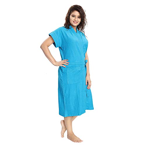 Image of bathrobes terry cotton free size bathrobe for women, bathsuit fit up to 42 inches chest size ladies - Ferozi Blue bathrobe