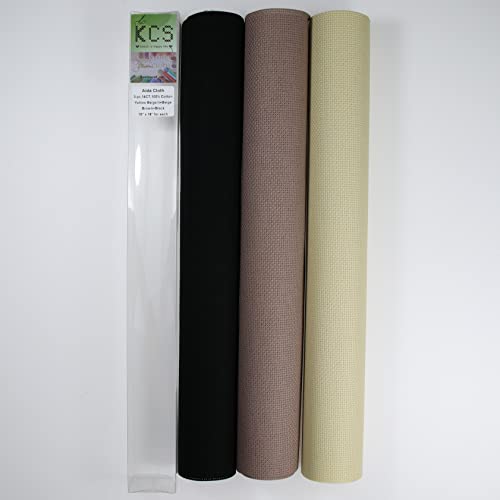 Image of KCS 3 pc of 15 inch x 18 inch Counted Cross Stitch Cotton Aida Cloth Needlework Fabric,14CT,Yellow Beige it+Beige Brown+Black
