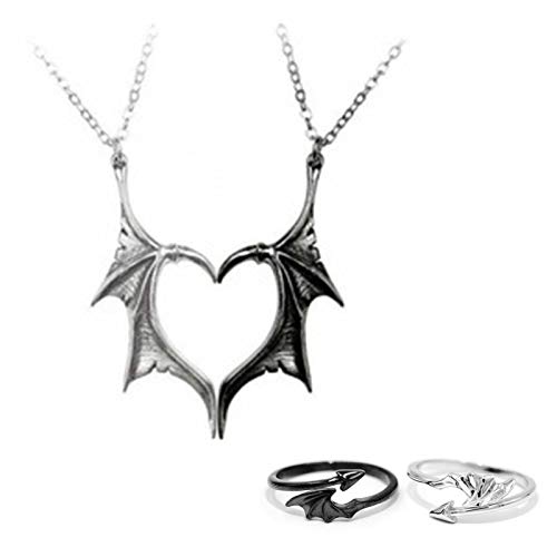Demon Dragon Wing Love Heart Pendant Necklace Matching Charm Love Heart Feather Shaped Necklace Angel Devil Wings Rings Jewelry Set for Couple Family Friendship