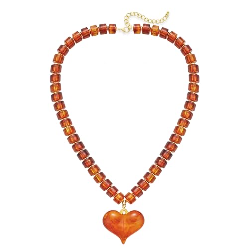FILMOON Chunky Puffy Heart Pendant Necklace for Women Amber Beaded Choker Adjustable Y2K Style Tortoise Brown Statement Lightweight Acrylic Jewelry
