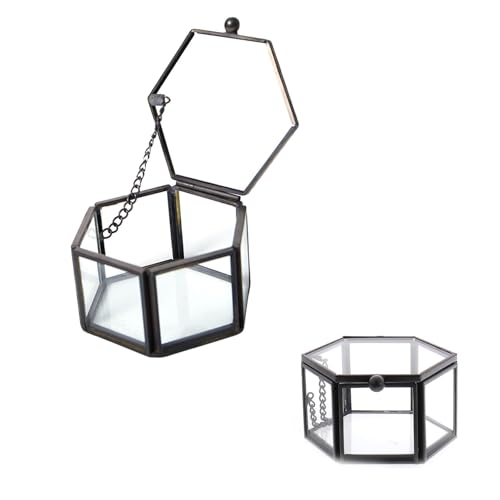 Cuicany Scatola di Anelli Geometrica Esagonale, Portagioie in Vetro Nero Trasparente, Scatola di Vetro per Gioielli, Collane, Anelli, Orecchini, Nero