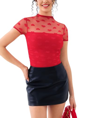 Image of REORIA Women's Sexy Mock Turtle Neck Short Sleeve Shirts Sheer Mesh Ruched Trendy Going Out Bodysuits Tops