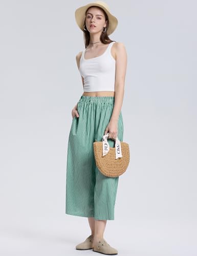 Image of LOMON Womens Wide Leg Capri Pants Gingham Plaid Culottes Summer Elastic Waist Palazzo Trousers Bottoms with Pockets