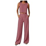 Generico Completo Donna Estivo in Lino e Cotone Set Due Pezzi Elegante Casual Canotta Senza Maniche Pantaloni Lunghi Ampi Comodi con Tasche per Vacanze Mare Spiaggia Streetwear Taglie Forti Curvy