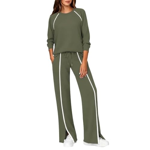 LOMON Lounge Sets for Women 2 Piece Travel Outfits Wide Leg Pant Sets Small Army Green