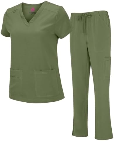 Natural Uniforms Women's Cool Stretch V-Neck Top and Cargo Pant Scrub Set with Regular and Petite Sizes