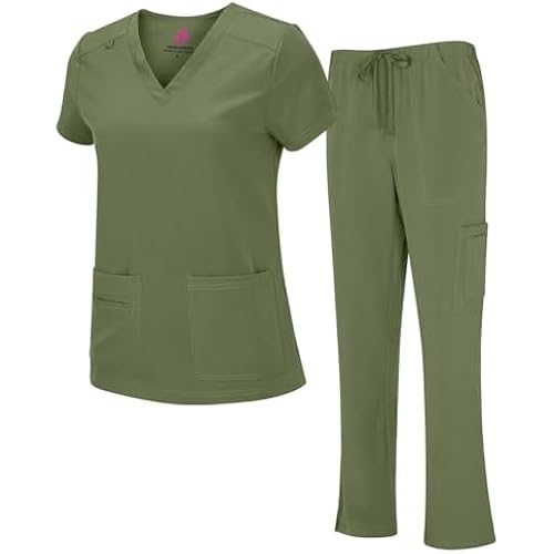 Natural Uniforms Women's Cool Stretch V-Neck Top and Cargo Pant Scrub Set with Regular and Petite Sizes