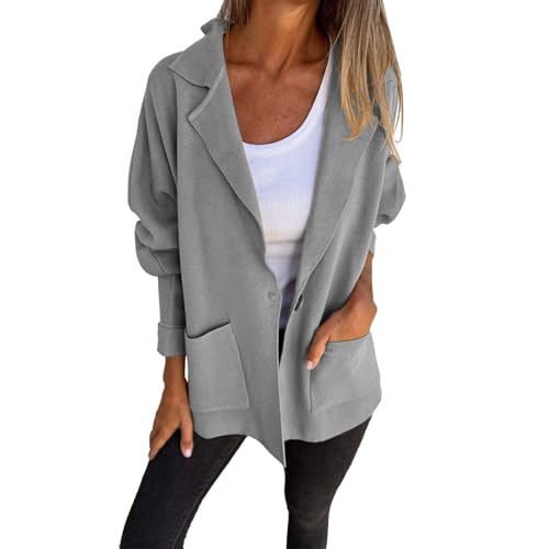 chaqueta mujer Cárdigan abierto para mujer, abrigo de otoño, suéter ligero de manga larga, chaqueta elegante para mujer con bolsillos Plumas+ligeros+mujer Abrigo Mujer Plumas Corto (Grey, M)