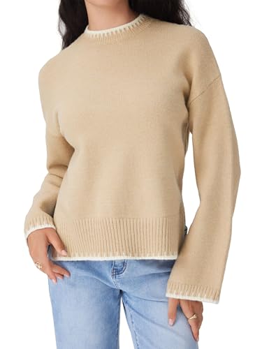 CIDER Womens Sweater Long Sleeve Split Hem Color Block Crew Neck Tops Fall Outfits3