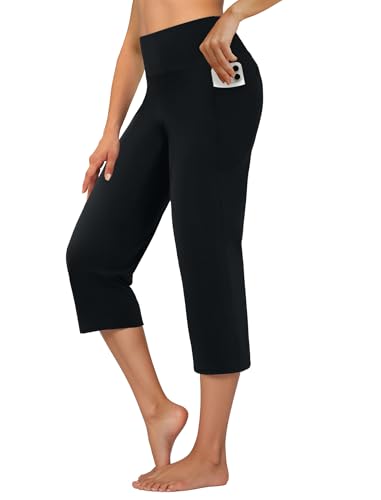 DLOODA Capri Pants for Women High Waist Cropped Yoga Pants Straight Leg Athletic Workout Leggings with Pockets Black L