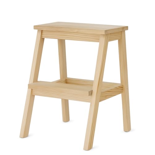 Escalera de Madera de Dos Peldaños - Modelo Ecokit Natura | Madera Maciza de Pino | Uso como Taburete Auxiliar o Escalón para Hogar y Cocina