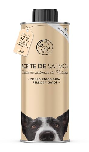 Aceite de salmón para Perros 250 ml Rico en ácidos grasos Omega 3 y 6 (más del 32%) - Aceite de Pescado Barf Apto para Perros y Gatos I Producto Natural Puro prensado en frío de Alemania