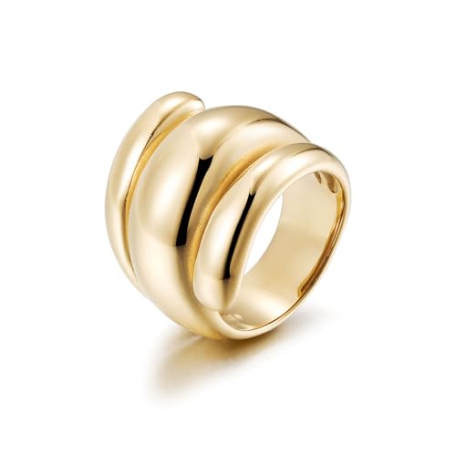 CIUNOFOR Chunky Statement Rings for Women, 14K Gold Plated Stainless Steel Dome Ring, Wide Band Retro Dome Jewelry Gift, Non-Tarnish Adjustable Fashion Ring, Size 9