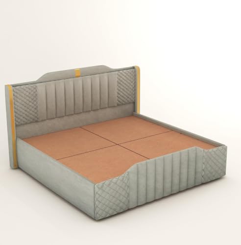 Image of Modern Upholstered King Size Bed with Storage | Double Bed with Box Storage & Upholstery Premium Fabric Headboard | Platform Bed for Bedroom & Hotel, Sheesham Wood, Grey, 6.5 x 6 Ft