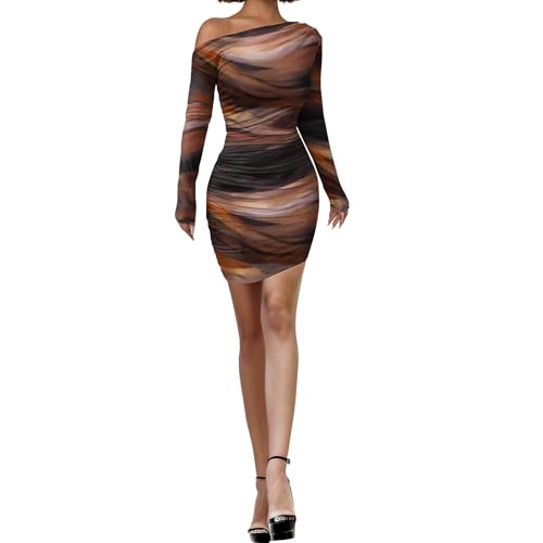 Image of Women's Long Sleeve Bodycon Mini Dress Tie Dye Print Slim Fit Asymmetrical Neck Elegant Formal Ruched Short Dresses