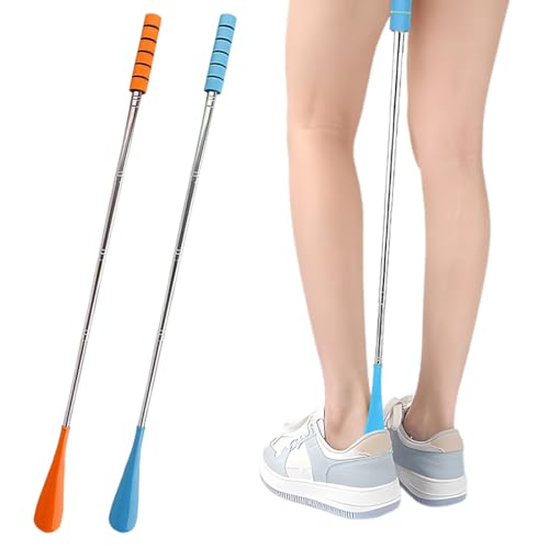 GNALIA Calzador De Zapatos Largo Extensible 30-70Cm, Acero Inoxidable Ajustable, 2 Unidades Colores Naranja Y Azul, Para Hombres Mujeres Y Personas Mayores