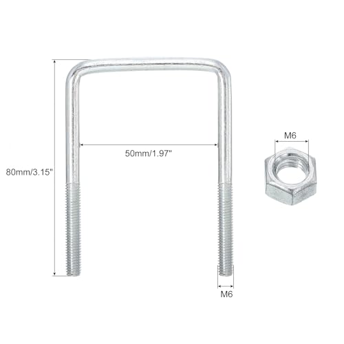 Image of uxcell Square U-Bolts, 8 Sets 50mm Inner Width 80mm Length M6 Zinc-Plated Carbon Steel U Clamp Bolt with Nuts and Plates, for Boat Trailer