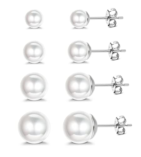 ORAZIO 4 Pares Pendientes Perlas De Plata De Ley 925 Perlas Redondas Hipoalergénicas 5-10mm Tamaños Mixtos Pendientes Perlas Cultivadas Agua Dulce Para Niñas Mujeres