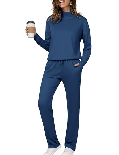 Totatuit Sweatsuit for Women 2 Piece Matching Sets Comfy Fall Warm Lounge Sets Casual Mock Neck Pullover Office Tracksuit Dark Blue XL